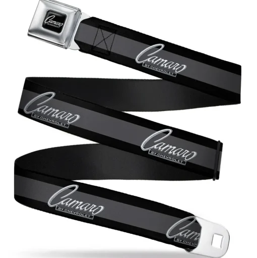 1969 CAMARO BY CHEVROLET Emblem Full Color Black Silver Seatbelt Belt - 1969 CAMARO BY CHEVROLET Emblem/Stripe Black/Gray/Silver Webbing