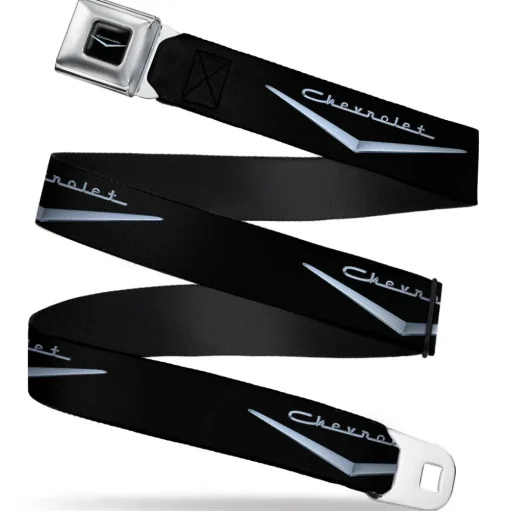 1955-57 CHEVROLET V Emblem Full Color Black Silver Seatbelt Belt - 1955-57 CHEVROLET V Emblem Black/Silver Webbing