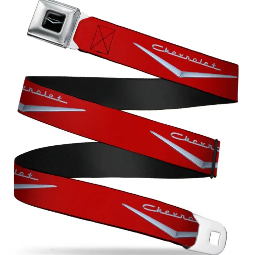 1955-57 CHEVROLET V Emblem Full Color Black Silver Seatbelt Belt - 1955-57 CHEVROLET V Emblem Red/Silver Webbing