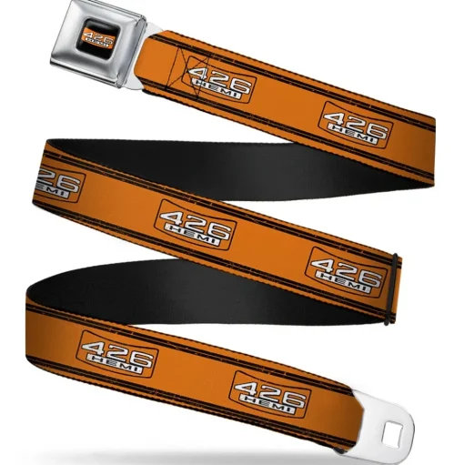 426 HEMI Badge Full Color Black White Orange Seatbelt Belt - 426 HEMI Badge/Stripes Weathered Orange/Black/White Webbing