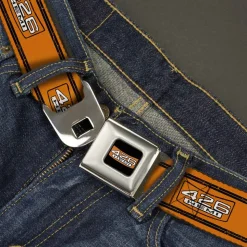 426 HEMI Badge Full Color Black White Orange Seatbelt Belt - 426 HEMI Badge/Stripes Weathered Orange/Black/White Webbing