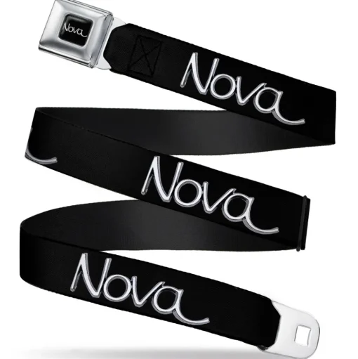 1968-72 NOVA Script Emblem Full Color Black Silver Seatbelt Belt - 1968-72 NOVA Script Emblem Black/Silver Webbing