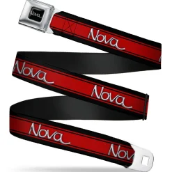 1968-72 NOVA Script Emblem Full Color Black Silver Seatbelt Belt - 1968-72 NOVA Script Emblem/Stripe Black/Red/Silver Webbing