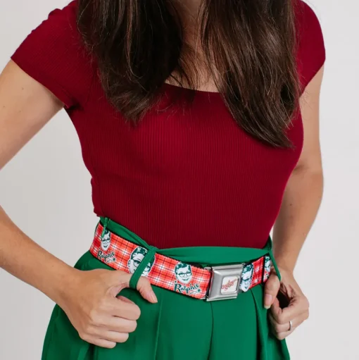 A CHRISTMAS STORY Wreath Logo Full Color White Seatbelt Belt - A Christmas Story RALPHIE Smiling Face Plaid Red/White/Green Webbing