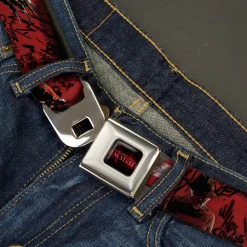 A NIGHTMARE ON ELM STREET Logo Full Color Black/Reds Seatbelt Belt - Freddy 4-Poses/Quote Scrawls/Hand Scratching Reds/Black Webbing