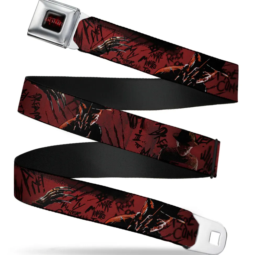 A NIGHTMARE ON ELM STREET Logo Full Color Black/Reds Seatbelt Belt - Freddy 4-Poses/Quote Scrawls/Hand Scratching Reds/Black Webbing
