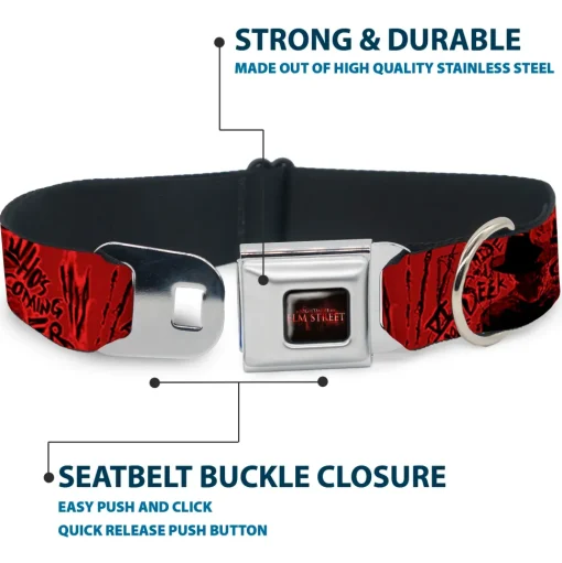 A NIGHTMARE ON ELM STREET Logo Full Color Black/Reds Seatbelt Buckle Collar - Freddy Poses/Quote Scrawls/Hand Scratching2 Reds/Black