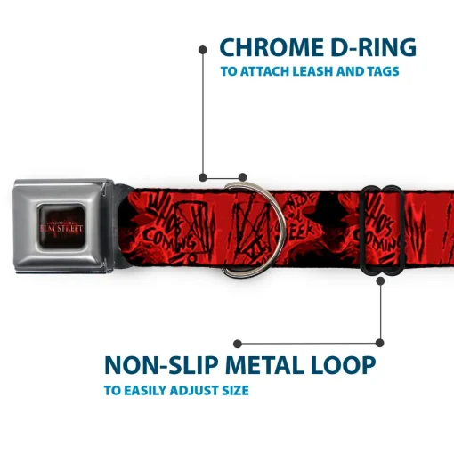 A NIGHTMARE ON ELM STREET Logo Full Color Black/Reds Seatbelt Buckle Collar - Freddy Poses/Quote Scrawls/Hand Scratching2 Reds/Black