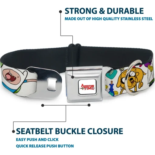 ADVENTURE TIME Title Logo Full Color White Seatbelt Buckle Collar - Adventure Time Jake and Finn Open Pack Pose White