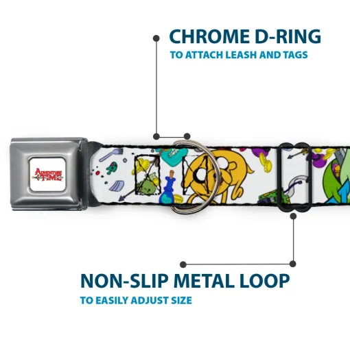 ADVENTURE TIME Title Logo Full Color White Seatbelt Buckle Collar - Adventure Time Jake and Finn Open Pack Pose White
