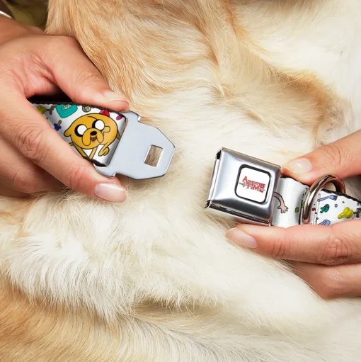 ADVENTURE TIME Title Logo Full Color White Seatbelt Buckle Collar - Adventure Time Jake and Finn Open Pack Pose White