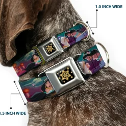 Aladdin Flower Motif Full Color Black/Gold Seatbelt Buckle Collar - Aladdin & Jasmine Scenes/Castle/Birds