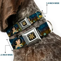 Aladdin Flower Motif Full Color Black/Gold Seatbelt Buckle Collar - Jasmine & Aladdin Carpet Ride/Jasmine Poses/Flowers