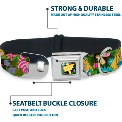 Alice in Wonderland THIS WAY Sign/Flowers Full Color Seatbelt Buckle Collar - Alice & Cheshire Cat Poses/Flowers