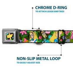 Alice in Wonderland THIS WAY Sign/Flowers Full Color Seatbelt Buckle Collar - Alice & Cheshire Cat Poses/Flowers