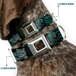 ALICE THROUGH THE LOOKING GLASS Logo Full Color Black/Gold Seatbelt Buckle Collar - Cheshire Cat 4-Poses Checkers Teal/Black