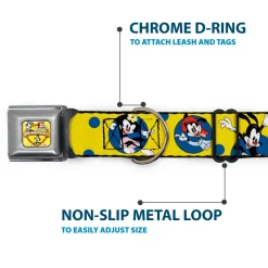 ANIMANIACS Title Logo Full Color Yellow Seatbelt Buckle Collar - Animaniacs Yakko Wakko and Dot Poses Yellow/Blue