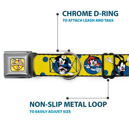ANIMANIACS Title Logo Full Color Yellow Seatbelt Buckle Collar - Animaniacs Yakko Wakko and Dot Poses Yellow/Blue