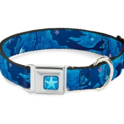 Ariel Daydreaming Full Color Blues Seatbelt Buckle Collar - Ariel Silhouette Poses/Castle Blues