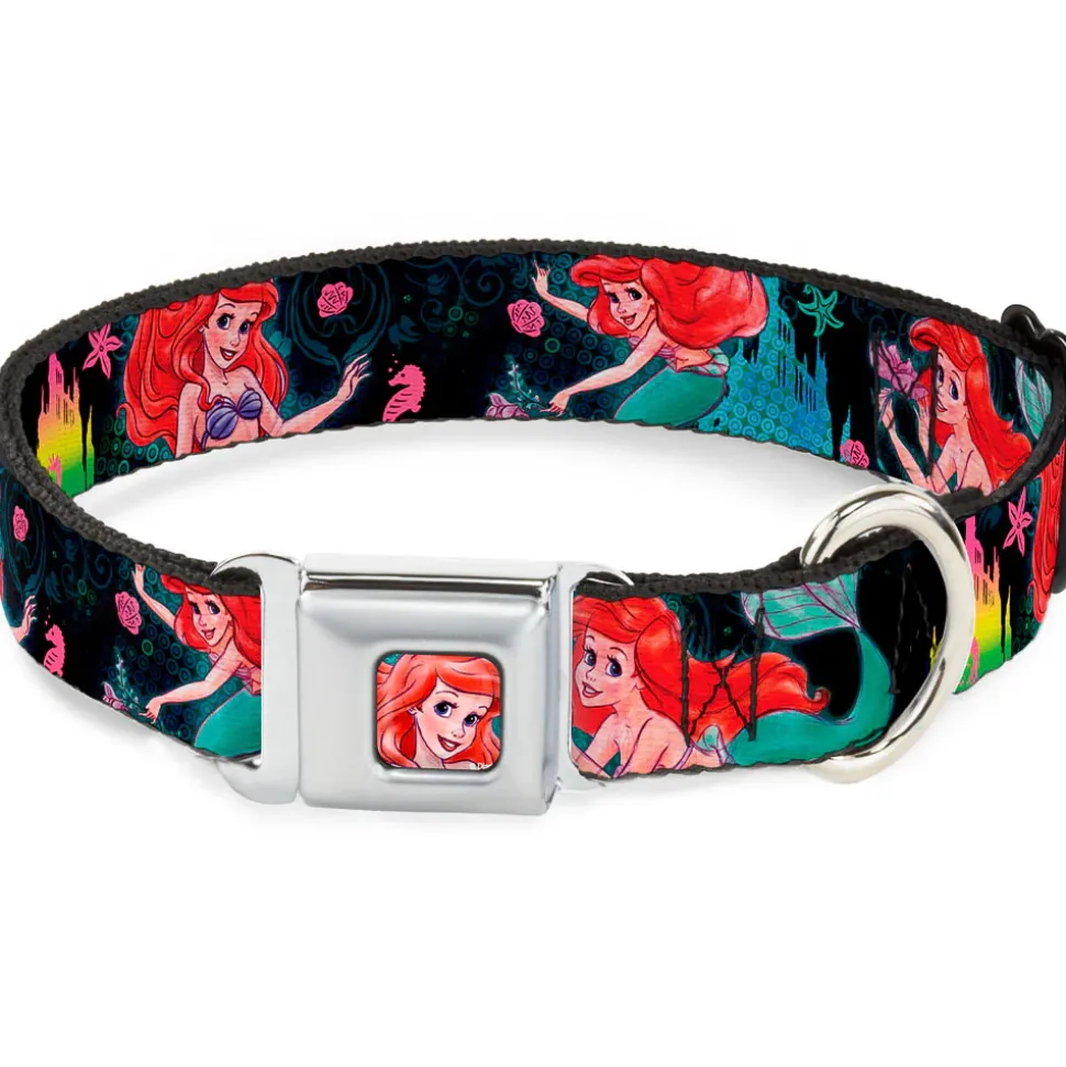Ariel Face Full Color Turquoise Seatbelt Buckle Collar - Ariel Underwater Poses/Palace Silhouette