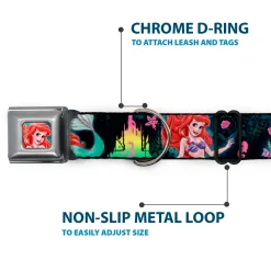 Ariel Face Full Color Turquoise Seatbelt Buckle Collar - Ariel Underwater Poses/Palace Silhouette
