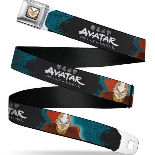 Avatar the Last Airbender Aang Face Close-Up Full Color Seatbelt Belt - AVATAR THE LAST AIRBENDER Aang Pose and Title Logo Blues/White Webbing