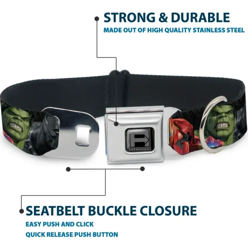 AVENGERS Block Logo Full Color Black/White Seatbelt Buckle Collar - 7-Vivid Avengers Action Poses