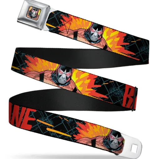 Bane Face Explosion Full Color Seatbelt Belt - BANE Pose/Explosion Bat Signal/Chanlink Black/Gray/Reds Webbing
