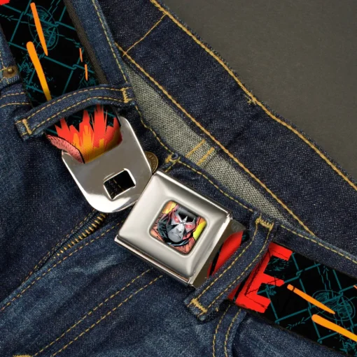 Bane Face Explosion Full Color Seatbelt Belt - BANE Pose/Explosion Bat Signal/Chanlink Black/Gray/Reds Webbing
