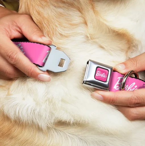 BARBIE Script Signature Full Color Pink/White Seatbelt Buckle Collar - BARBIE Script Signature Logo Pink/White