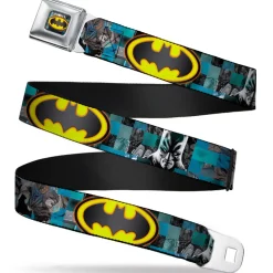 Bat Shield Glow Checkers Full Color Blues Grays Gold Black Seatbelt Belt - Batman Detective Comics 2-Poses/Bat Signal Checker Blues/Grays/Yellow/Black Webbing