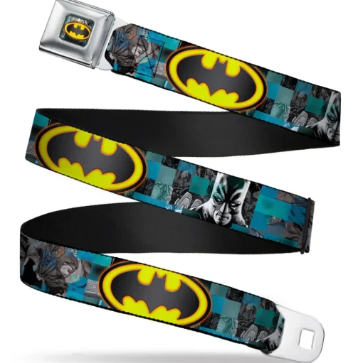 Bat Shield Glow Checkers Full Color Blues Grays Gold Black Seatbelt Belt - Batman Detective Comics 2-Poses/Bat Signal Checker Blues/Grays/Yellow/Black Webbing