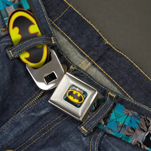 Bat Shield Glow Checkers Full Color Blues Grays Gold Black Seatbelt Belt - Batman Detective Comics 2-Poses/Bat Signal Checker Blues/Grays/Yellow/Black Webbing