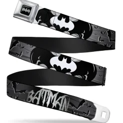 Batman Black Silver Seatbelt Belt - BATMAN w/Bat Signals & Flying Bats Black/White Webbing