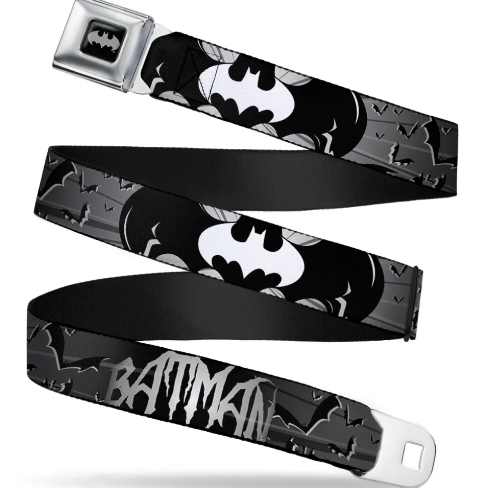 Batman Black Silver Seatbelt Belt - BATMAN w/Bat Signals & Flying Bats Black/White Webbing