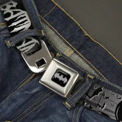Batman Black Silver Seatbelt Belt - BATMAN w/Bat Signals & Flying Bats Black/White Webbing