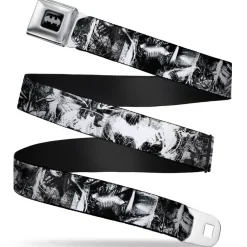 Batman Black Silver Seatbelt Belt - Batman Poses & Bat Shield Sketch White/Black Webbing