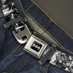 Batman Black Silver Seatbelt Belt - Batman Poses & Bat Shield Sketch White/Black Webbing
