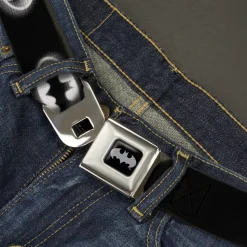 Batman Black Silver Seatbelt Belt - Cloudy Bat Signal Black/White Webbing