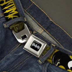 Batman Black Silver Seatbelt Belt - BATMAN w/Bat Signals & Flying Bats Yellow/Black/White Webbing