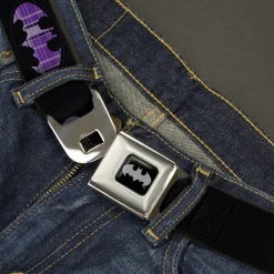 Batman Black Silver Seatbelt Belt - Batman Signal Black/Purple Plaid Webbing