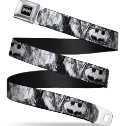 Batman Black Silver Seatbelt Belt - Batman Face/Bat Shield Sketch White/Black Webbing