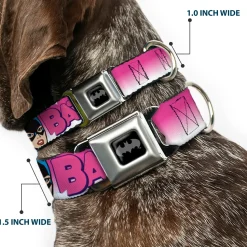 Batman Black/Silver Seatbelt Buckle Collar - BATGIRL Bubble Letters w/Stars Pink/White