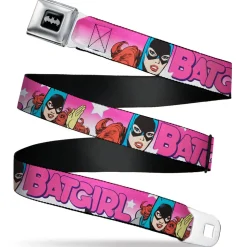 Batman Black/Silver Seatbelt Belt - BATGIRL Bubble Letters w/Stars Pink/White Webbing