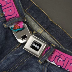Batman Black/Silver Seatbelt Belt - BATGIRL Bubble Letters w/Stars Pink/White Webbing