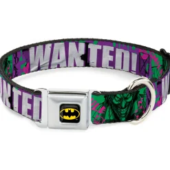 Batman Black/Yellow Seatbelt Buckle Collar - THE JOKER WANTED Smiling Pose and Graffiti Purples/Greens