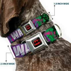 Batman Black/Yellow Seatbelt Buckle Collar - THE JOKER WANTED Smiling Pose and Graffiti Purples/Greens
