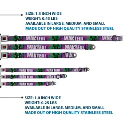 Batman Black/Yellow Seatbelt Buckle Collar - THE JOKER WANTED Smiling Pose and Graffiti Purples/Greens