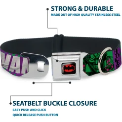 Batman Black/Yellow Seatbelt Buckle Collar - THE JOKER WANTED Smiling Pose and Graffiti Purples/Greens