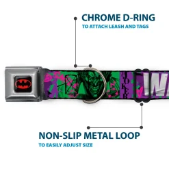 Batman Black/Yellow Seatbelt Buckle Collar - THE JOKER WANTED Smiling Pose and Graffiti Purples/Greens